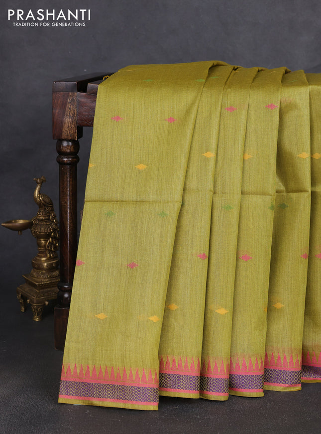 Munga tussar silk saree mustard green and pink with thread woven geomatric buttas and organza pallu