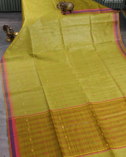 Munga tussar silk saree mustard green and pink with thread woven geomatric buttas and organza pallu