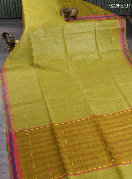 Munga tussar silk saree mustard green and pink with thread woven geomatric buttas and organza pallu