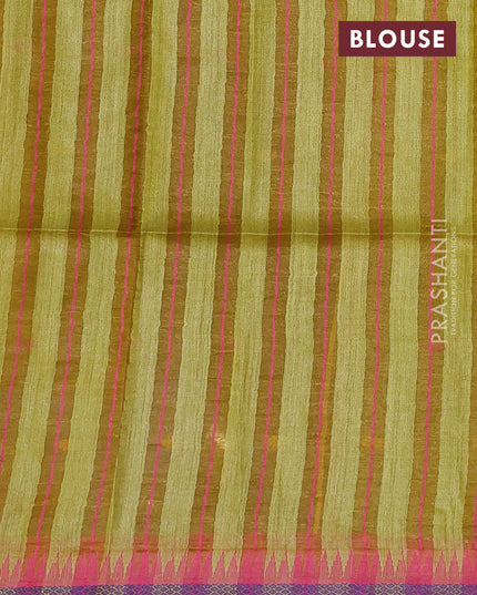 Munga tussar silk saree mustard green and pink with thread woven geomatric buttas and organza pallu