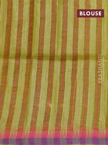 Munga tussar silk saree mustard green and pink with thread woven geomatric buttas and organza pallu
