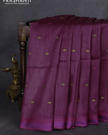 Munga tussar silk saree wine shade and pink with thread woven geomatric buttas and organza pallu