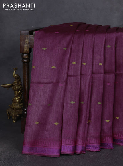 Munga tussar silk saree wine shade and pink with thread woven geomatric buttas and organza pallu