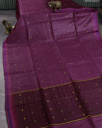 Munga tussar silk saree wine shade and pink with thread woven geomatric buttas and organza pallu