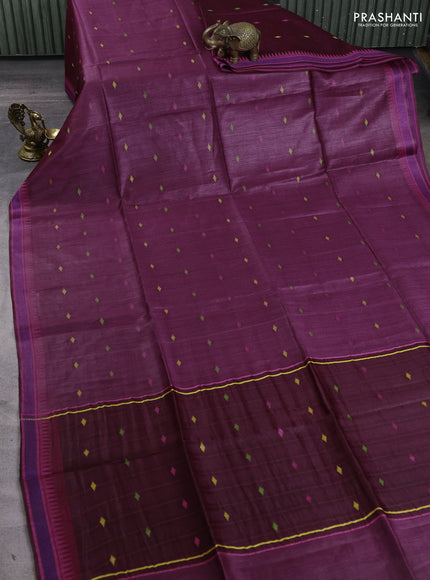 Munga tussar silk saree wine shade and pink with thread woven geomatric buttas and organza pallu