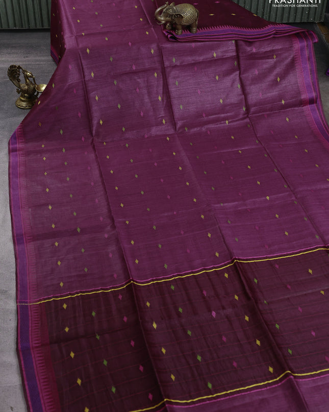Munga tussar silk saree wine shade and pink with thread woven geomatric buttas and organza pallu
