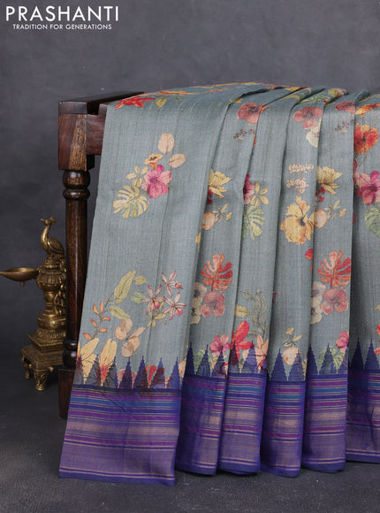 Pure tussar silk saree grey and navy blue with allover floral prints and temple design zari woven border