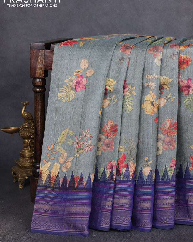 Pure tussar silk saree grey and navy blue with allover floral prints and temple design zari woven border