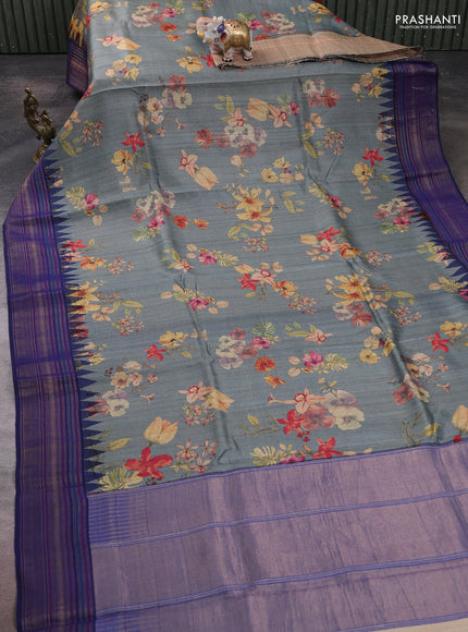 Pure tussar silk saree grey and navy blue with allover floral prints and temple design zari woven border