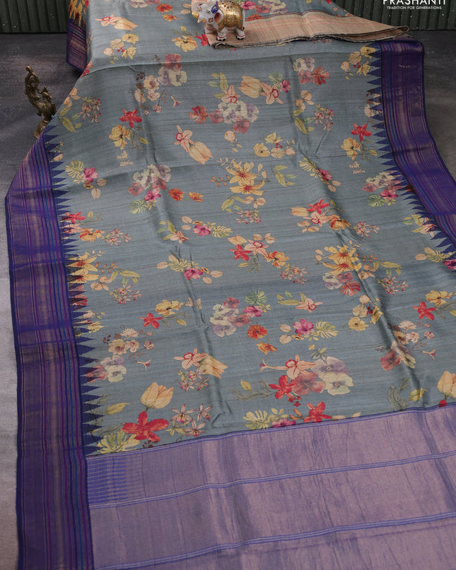 Pure tussar silk saree grey and navy blue with allover floral prints and temple design zari woven border