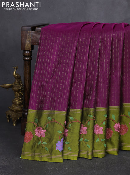 Pure soft silk saree wine shade and mehendi green with allover zari weaves and zari woven embroidery border