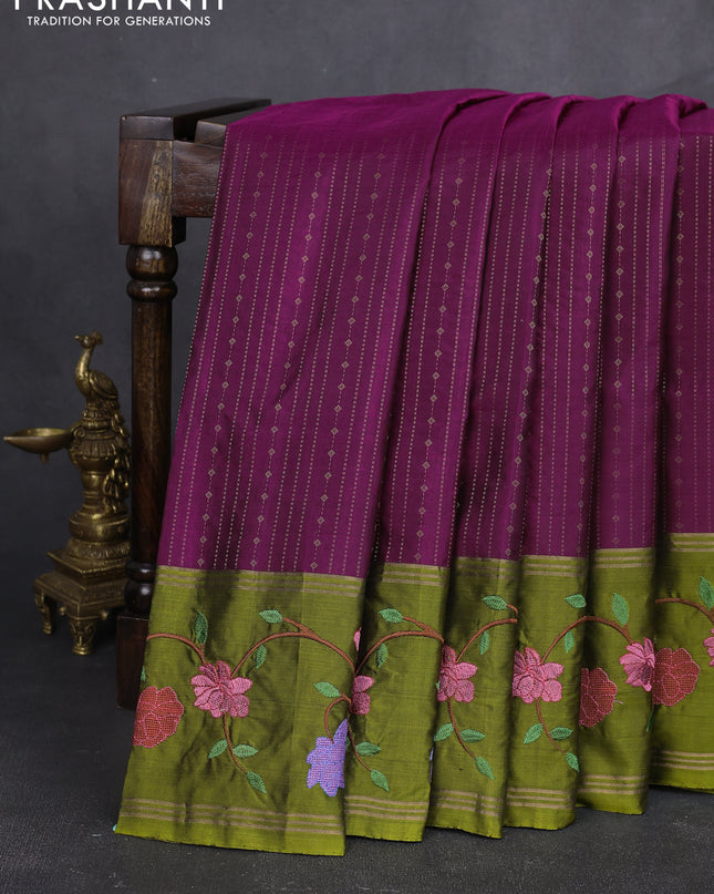Pure soft silk saree wine shade and mehendi green with allover zari weaves and zari woven embroidery border