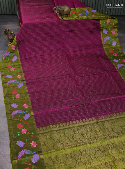 Pure soft silk saree wine shade and mehendi green with allover zari weaves and zari woven embroidery border