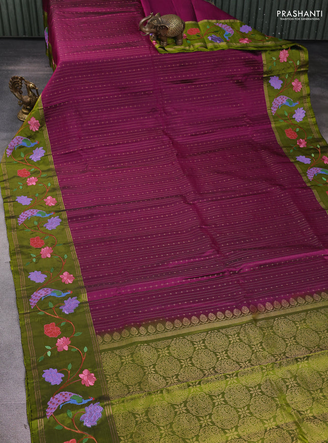 Pure soft silk saree wine shade and mehendi green with allover zari weaves and zari woven embroidery border