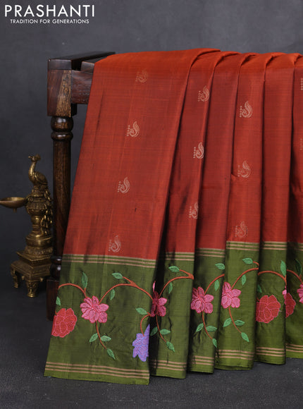 Pure soft silk saree rustic orange and mehendi green with annam zari woven buttas and zari woven embroidery border