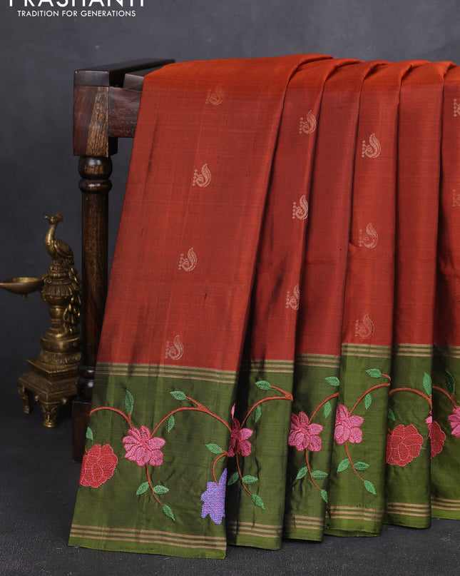Pure soft silk saree rustic orange and mehendi green with annam zari woven buttas and zari woven embroidery border