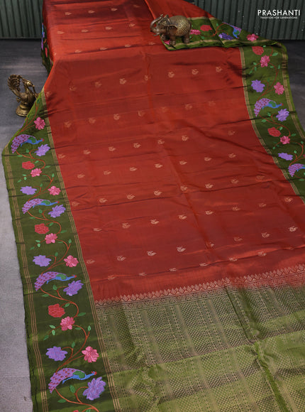 Pure soft silk saree rustic orange and mehendi green with annam zari woven buttas and zari woven embroidery border