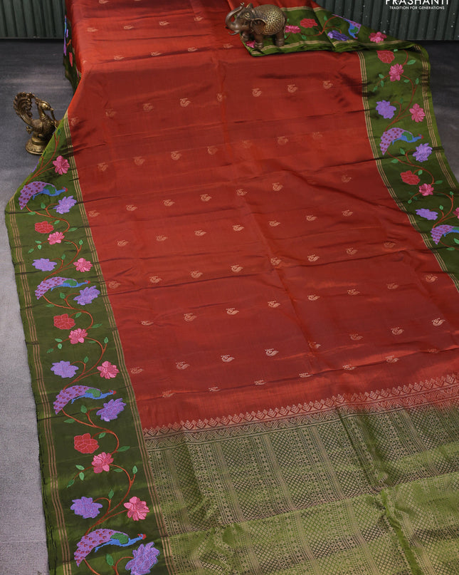 Pure soft silk saree rustic orange and mehendi green with annam zari woven buttas and zari woven embroidery border
