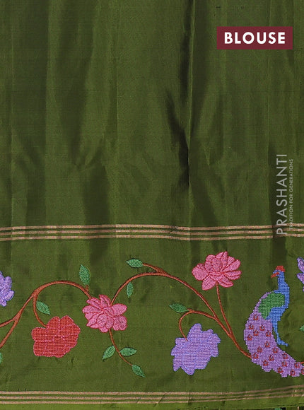 Pure soft silk saree rustic orange and mehendi green with annam zari woven buttas and zari woven embroidery border