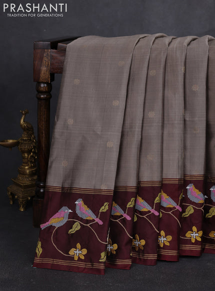 Pure soft silk saree grey and deep maroon with zari woven buttas and zari woven embroidery border