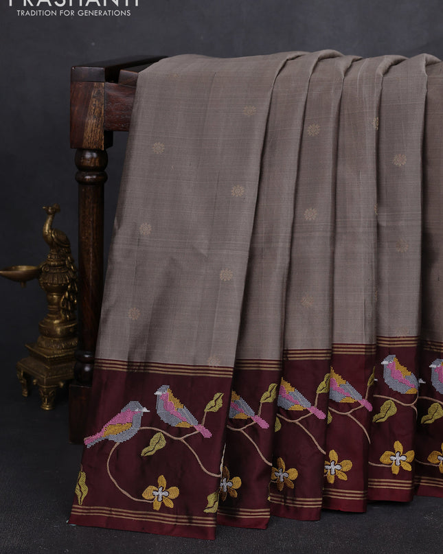 Pure soft silk saree grey and deep maroon with zari woven buttas and zari woven embroidery border