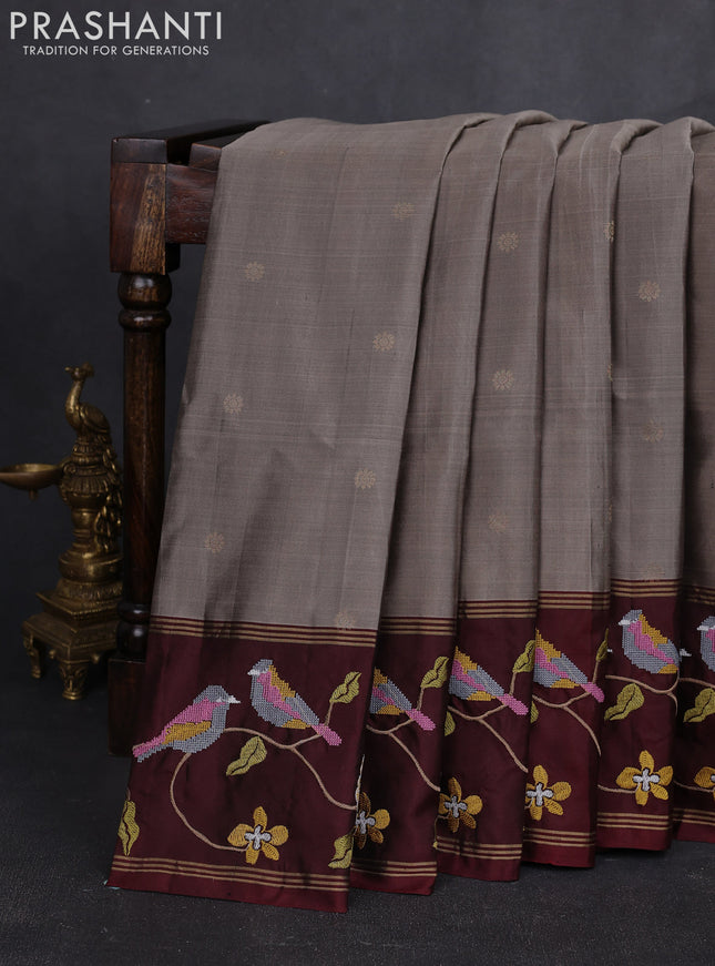 Pure soft silk saree grey and deep maroon with zari woven buttas and zari woven embroidery border