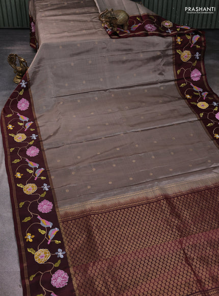 Pure soft silk saree grey and deep maroon with zari woven buttas and zari woven embroidery border