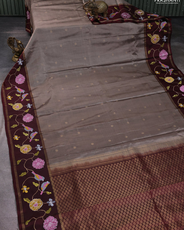 Pure soft silk saree grey and deep maroon with zari woven buttas and zari woven embroidery border