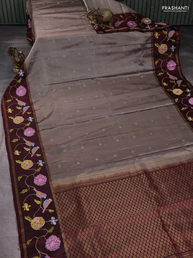 Pure soft silk saree grey and deep maroon with zari woven buttas and zari woven embroidery border