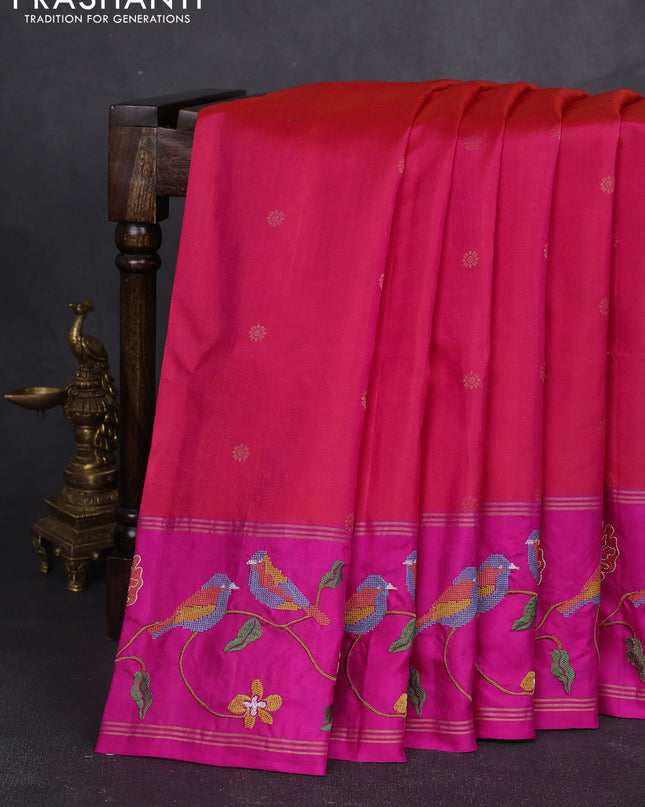Pure soft silk saree dual shade of pinkish orange and pink with zari woven buttas and zari woven embroidery border