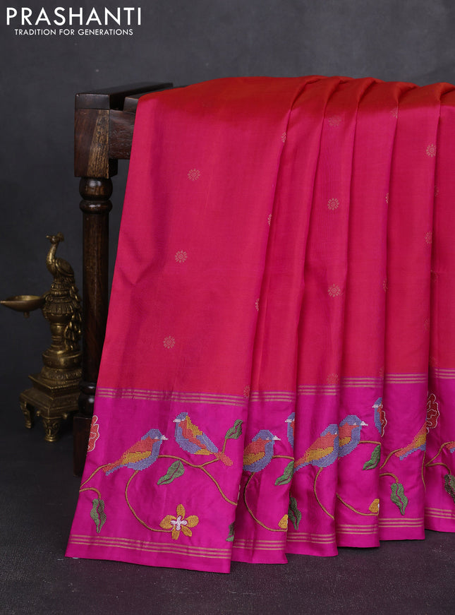 Pure soft silk saree dual shade of pinkish orange and pink with zari woven buttas and zari woven embroidery border