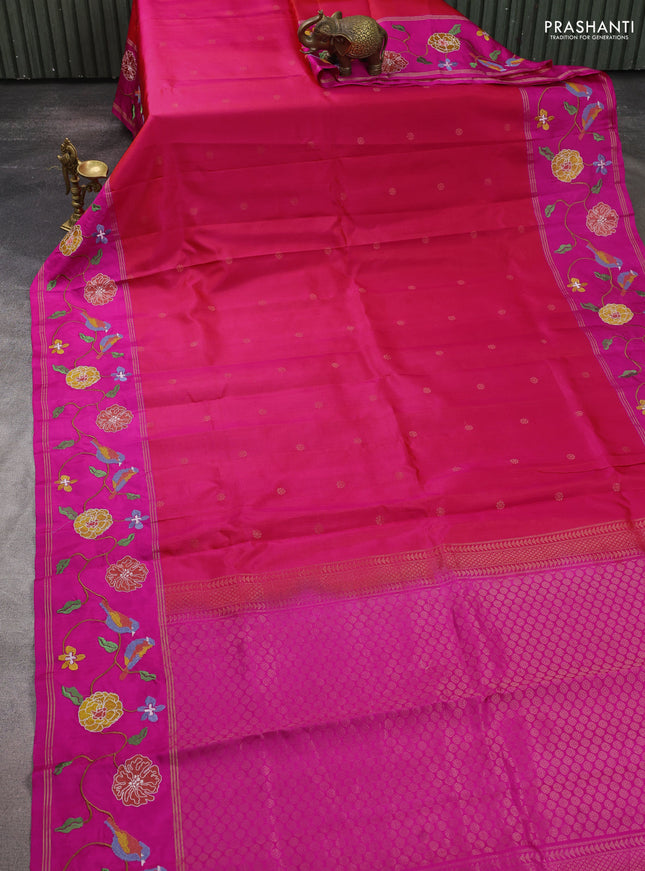 Pure soft silk saree dual shade of pinkish orange and pink with zari woven buttas and zari woven embroidery border