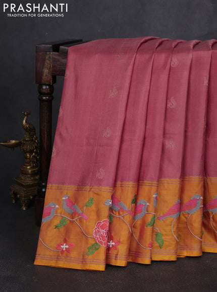 Pure soft silk saree peach shade and yellow with zari woven buttas and zari woven embroidery border
