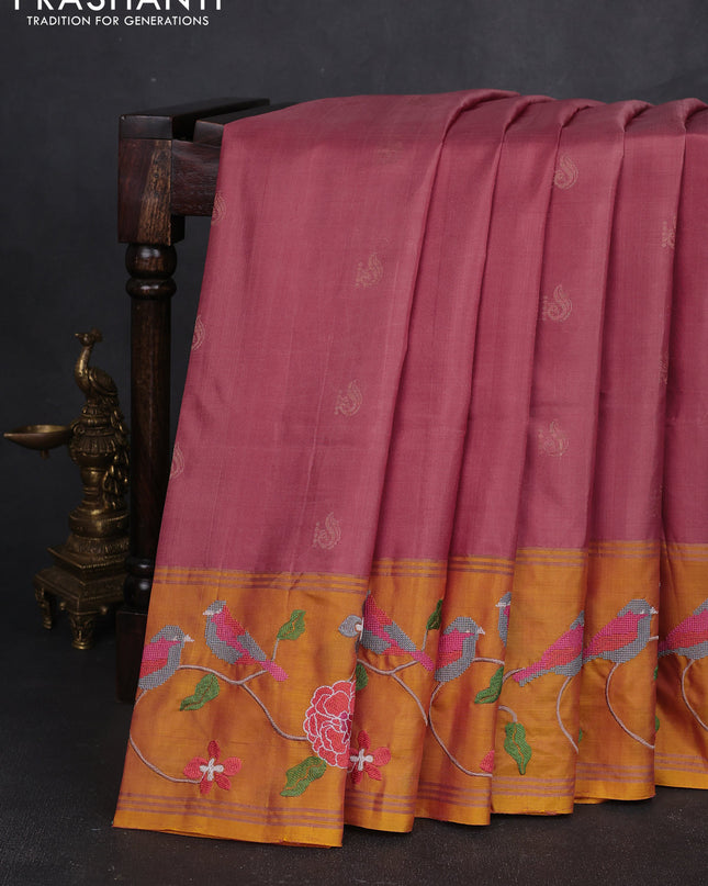 Pure soft silk saree peach shade and yellow with zari woven buttas and zari woven embroidery border