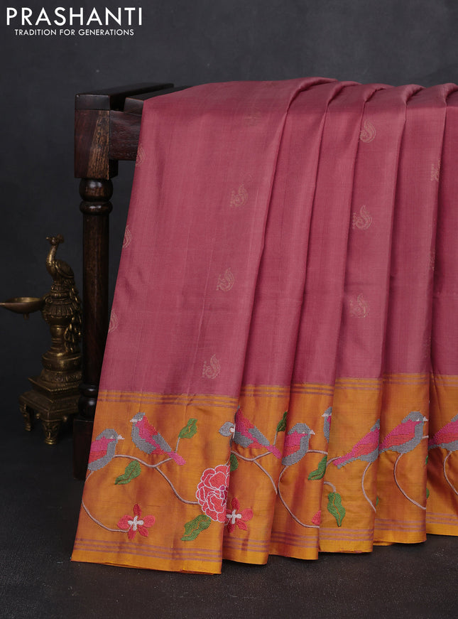 Pure soft silk saree peach shade and yellow with zari woven buttas and zari woven embroidery border