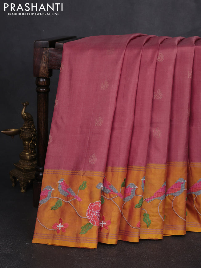 Pure soft silk saree peach shade and yellow with zari woven buttas and zari woven embroidery border