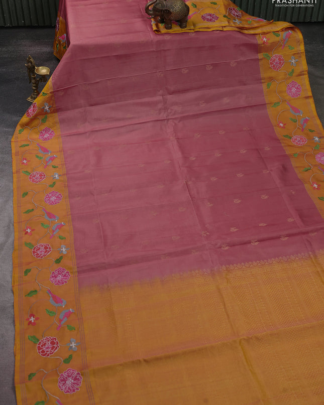Pure soft silk saree peach shade and yellow with zari woven buttas and zari woven embroidery border