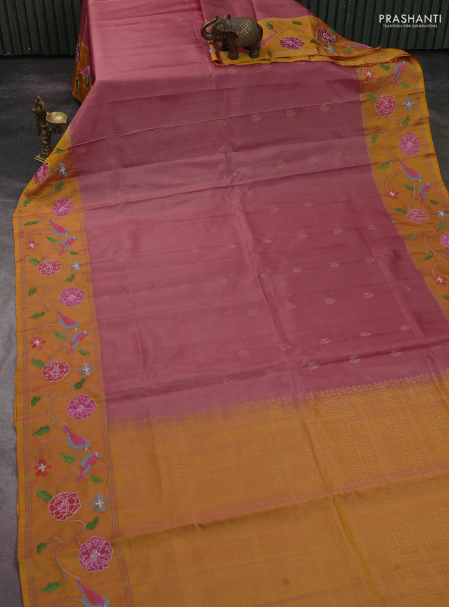 Pure soft silk saree peach shade and yellow with zari woven buttas and zari woven embroidery border