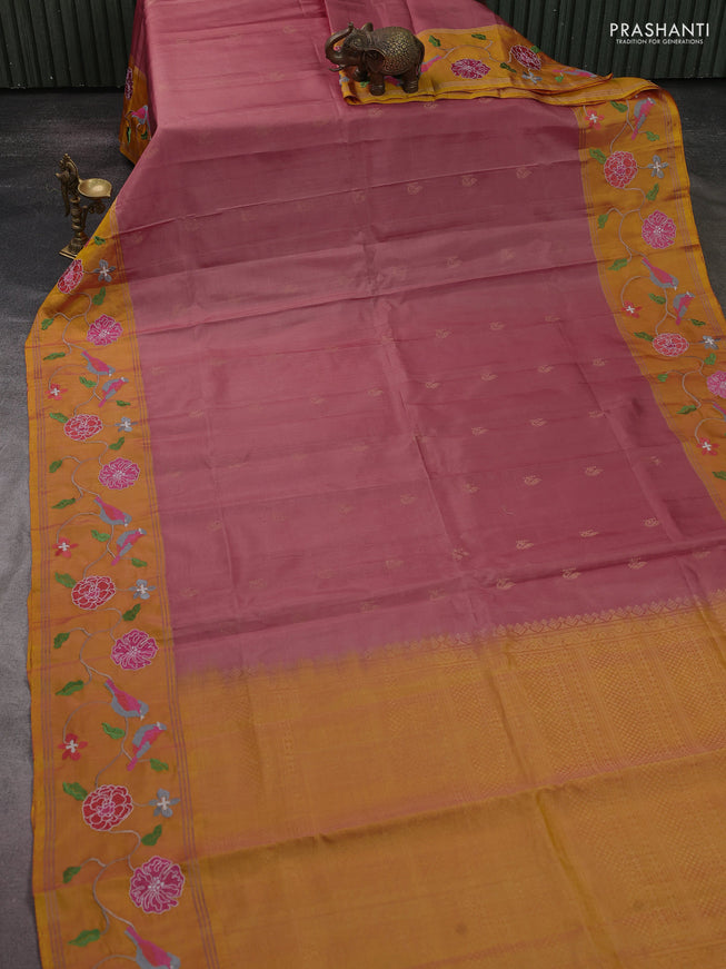 Pure soft silk saree peach shade and yellow with zari woven buttas and zari woven embroidery border