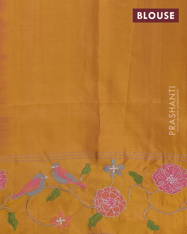 Pure soft silk saree peach shade and yellow with zari woven buttas and zari woven embroidery border