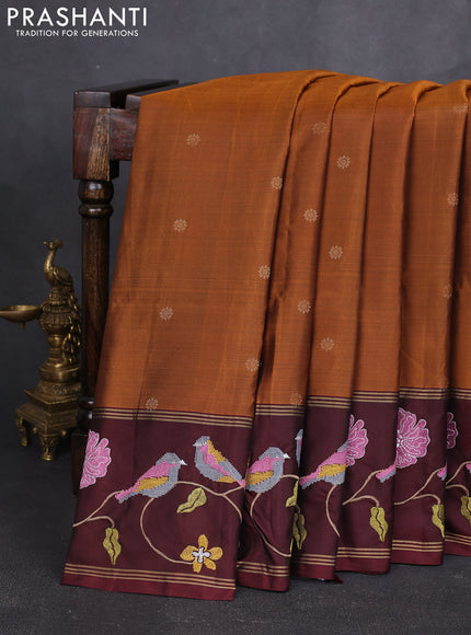 Pure soft silk saree rust shade and deep maroon with zari woven buttas and zari woven embroidery border