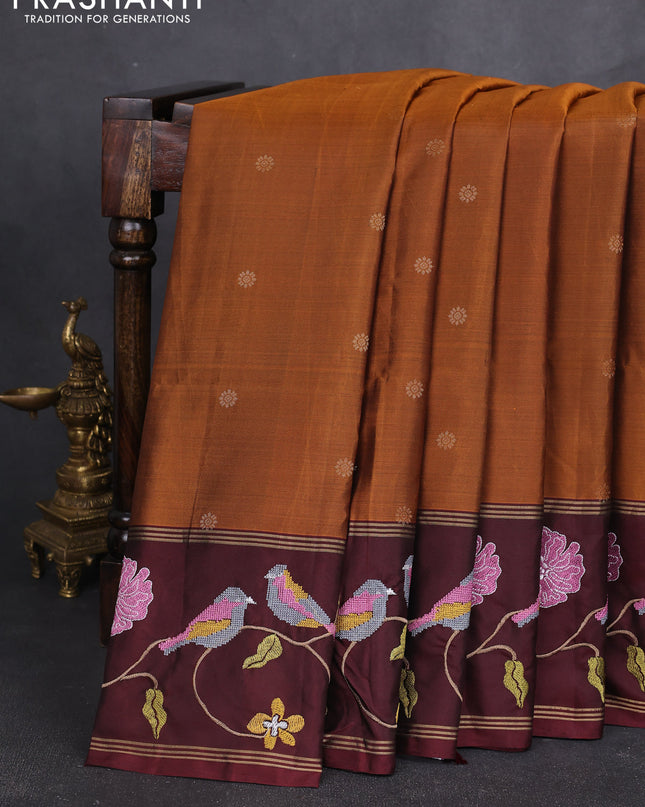 Pure soft silk saree rust shade and deep maroon with zari woven buttas and zari woven embroidery border