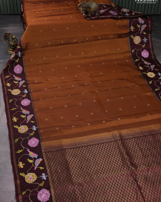 Pure soft silk saree rust shade and deep maroon with zari woven buttas and zari woven embroidery border