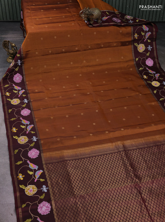 Pure soft silk saree rust shade and deep maroon with zari woven buttas and zari woven embroidery border