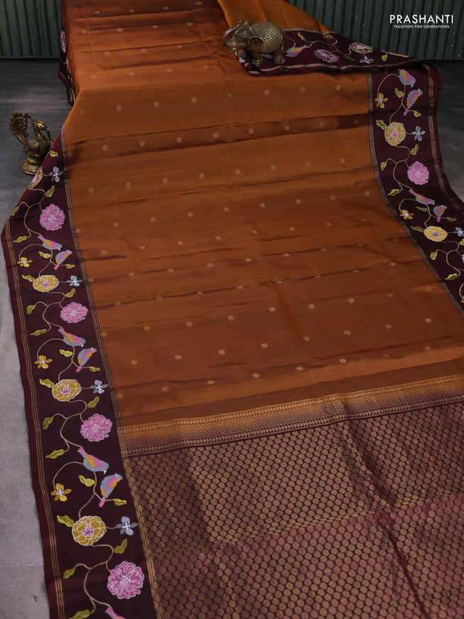 Pure soft silk saree rust shade and deep maroon with zari woven buttas and zari woven embroidery border