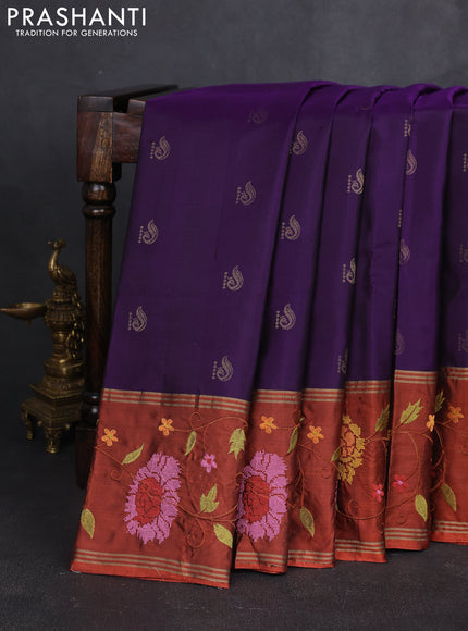 Pure soft silk saree purple shade and rust shade with zari woven buttas and zari woven embroidery border