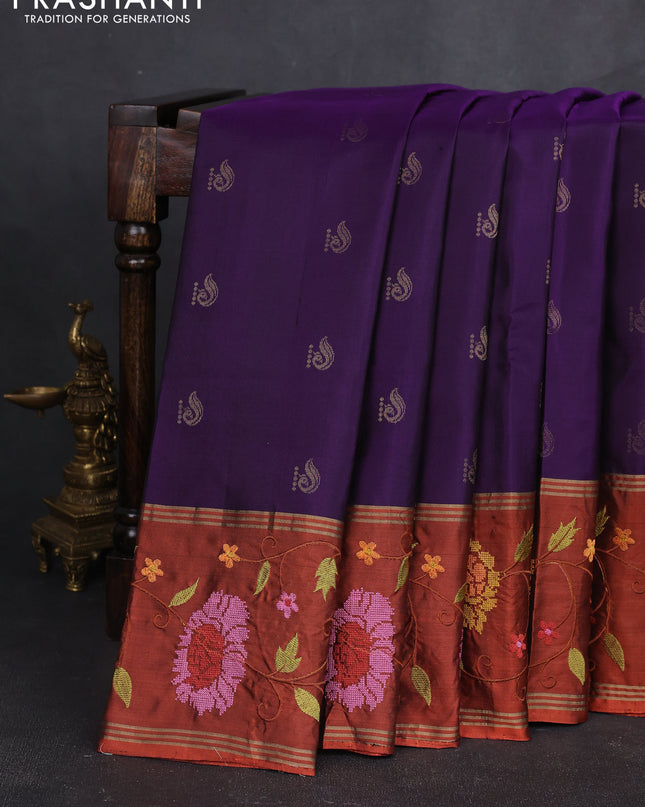 Pure soft silk saree purple shade and rust shade with zari woven buttas and zari woven embroidery border