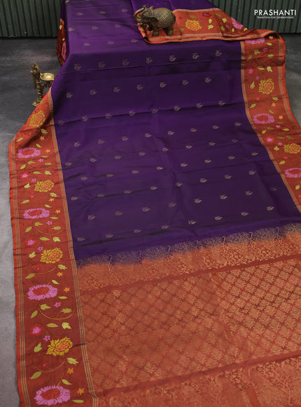 Pure soft silk saree purple shade and rust shade with zari woven buttas and zari woven embroidery border