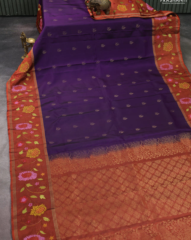 Pure soft silk saree purple shade and rust shade with zari woven buttas and zari woven embroidery border