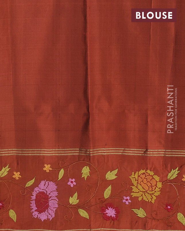 Pure soft silk saree purple shade and rust shade with zari woven buttas and zari woven embroidery border